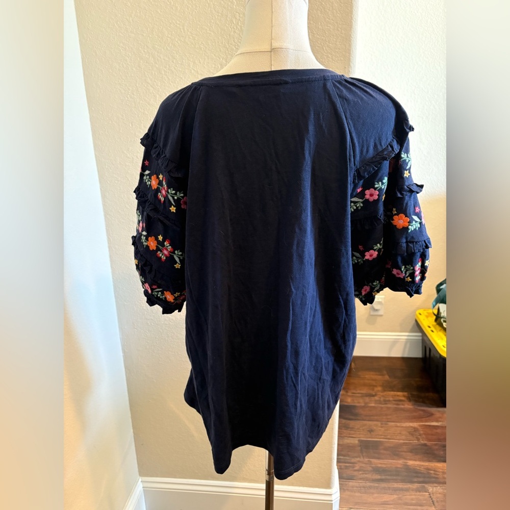 Boden Plus 100% Cotton Navy Blue Embroidered Puff 3/4 Sleeve Blouse Size 20/22 - Picture 2 of 9